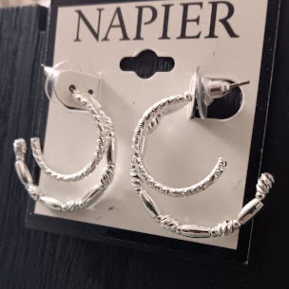 NAPIER Mod/Contemporary Silver Twist & Smooth/Diamond Cut Double Hoop Earrings - Picture 3 of 3
